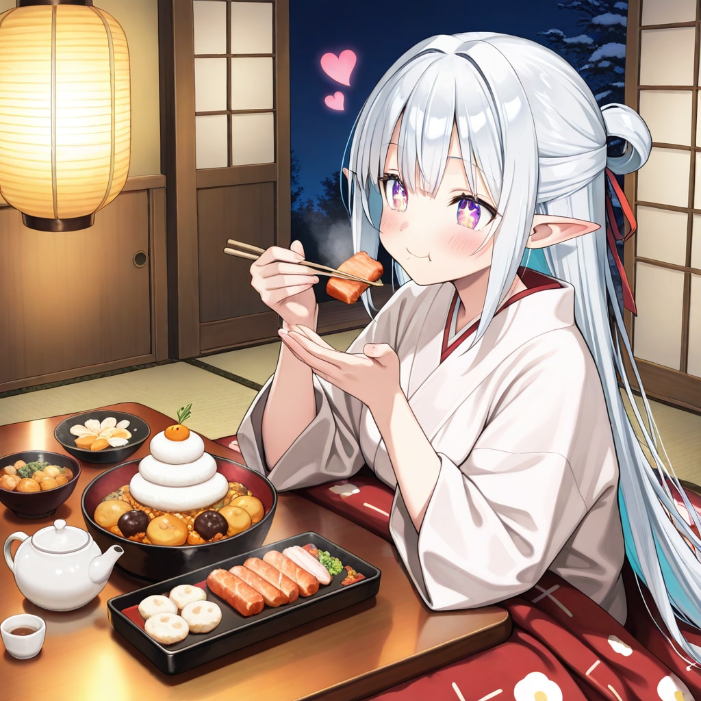 おせち料理を食べるエルフの女の子