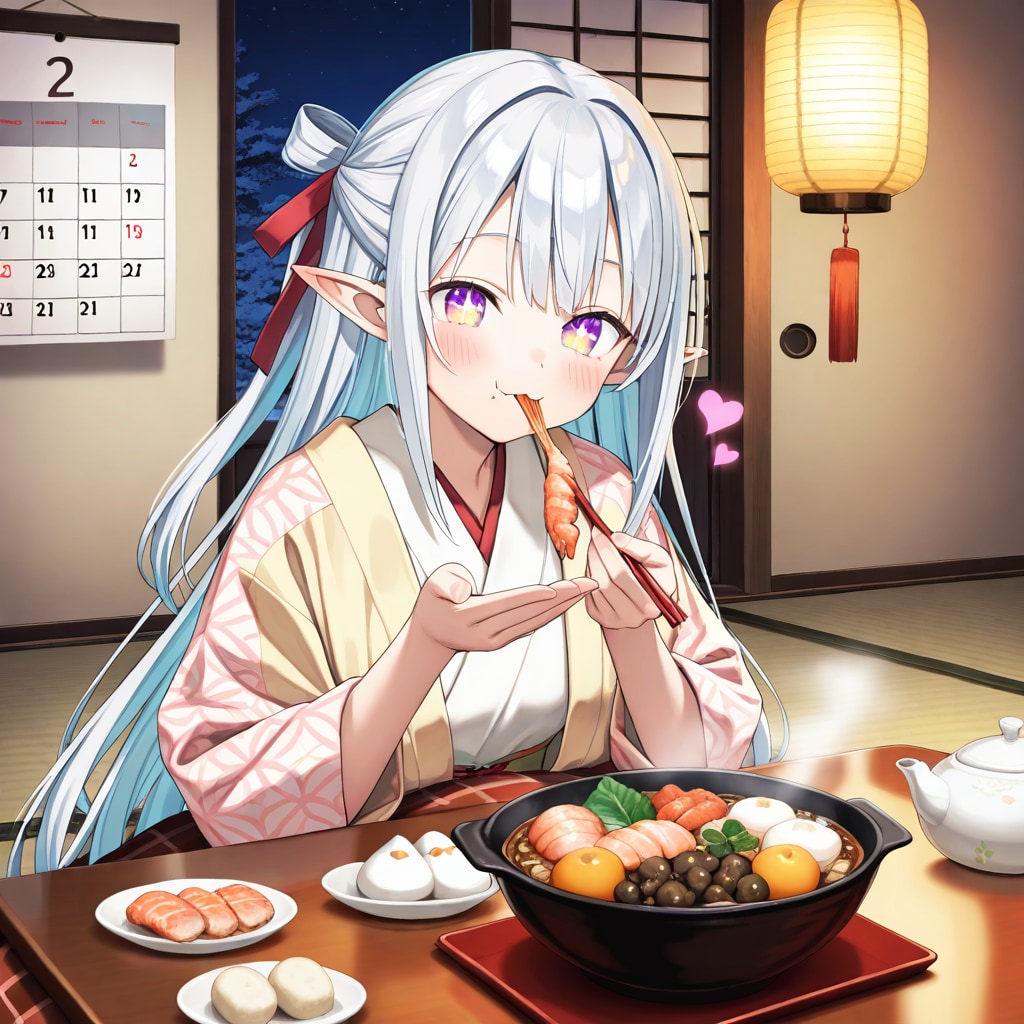 おせち料理を食べるエルフの女の子