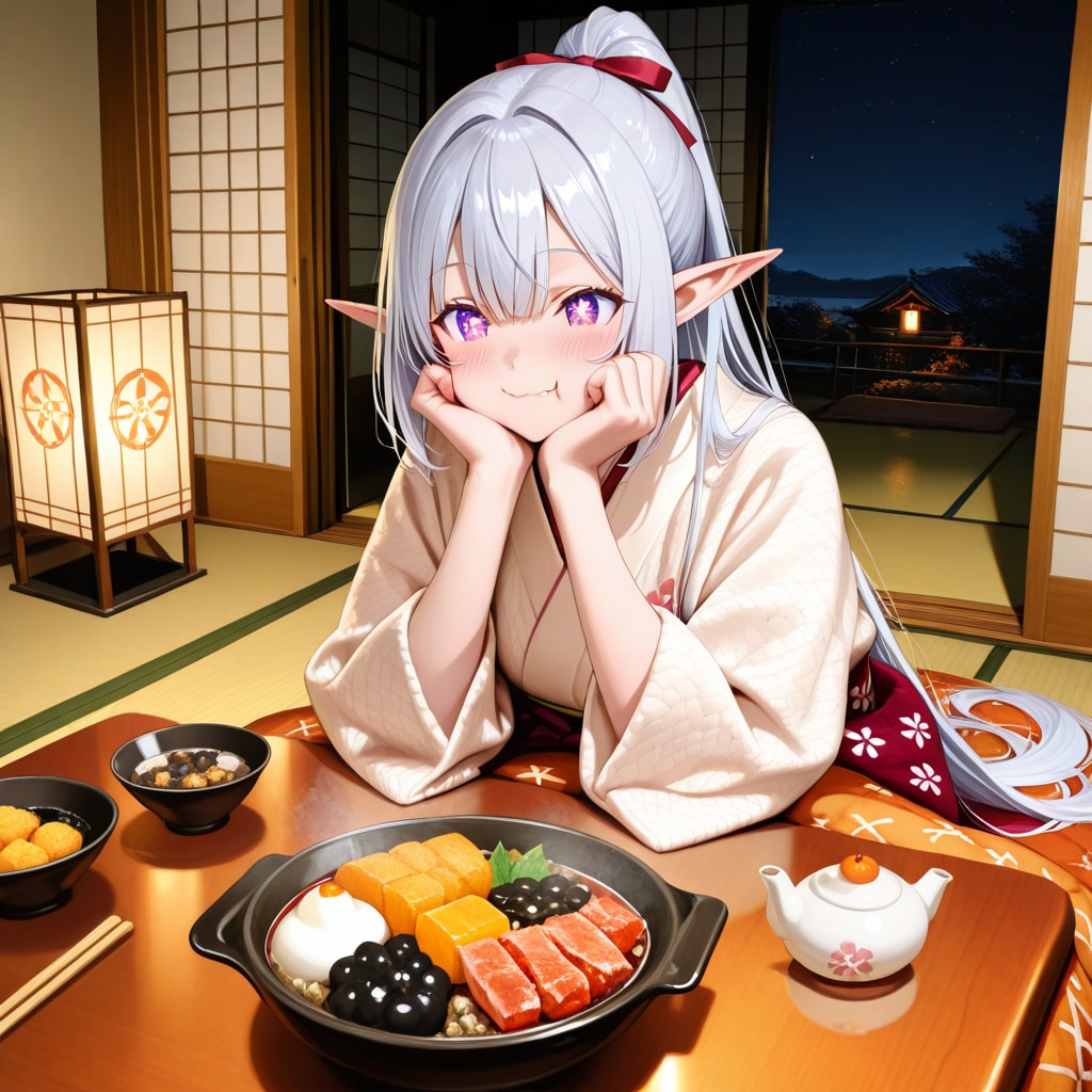おせち料理を食べるエルフの女の子