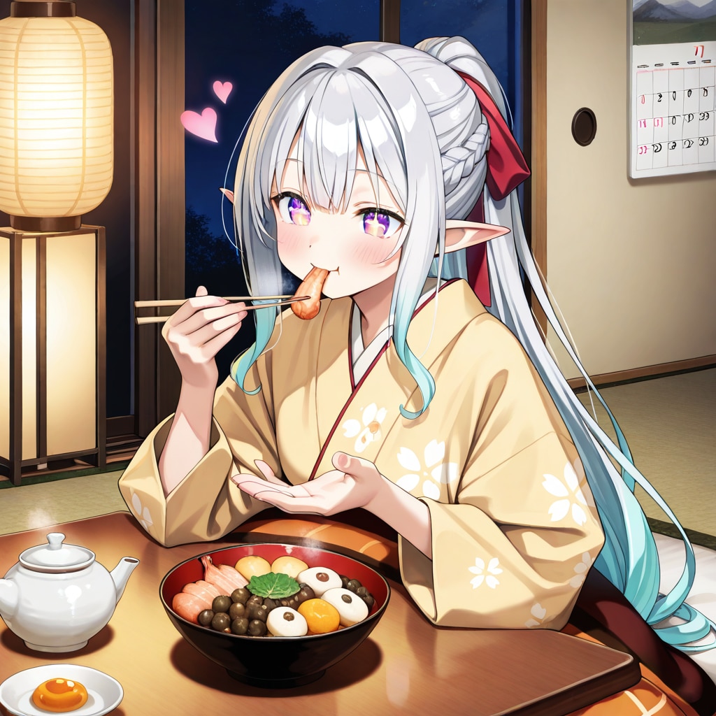 おせち料理を食べるエルフの女の子