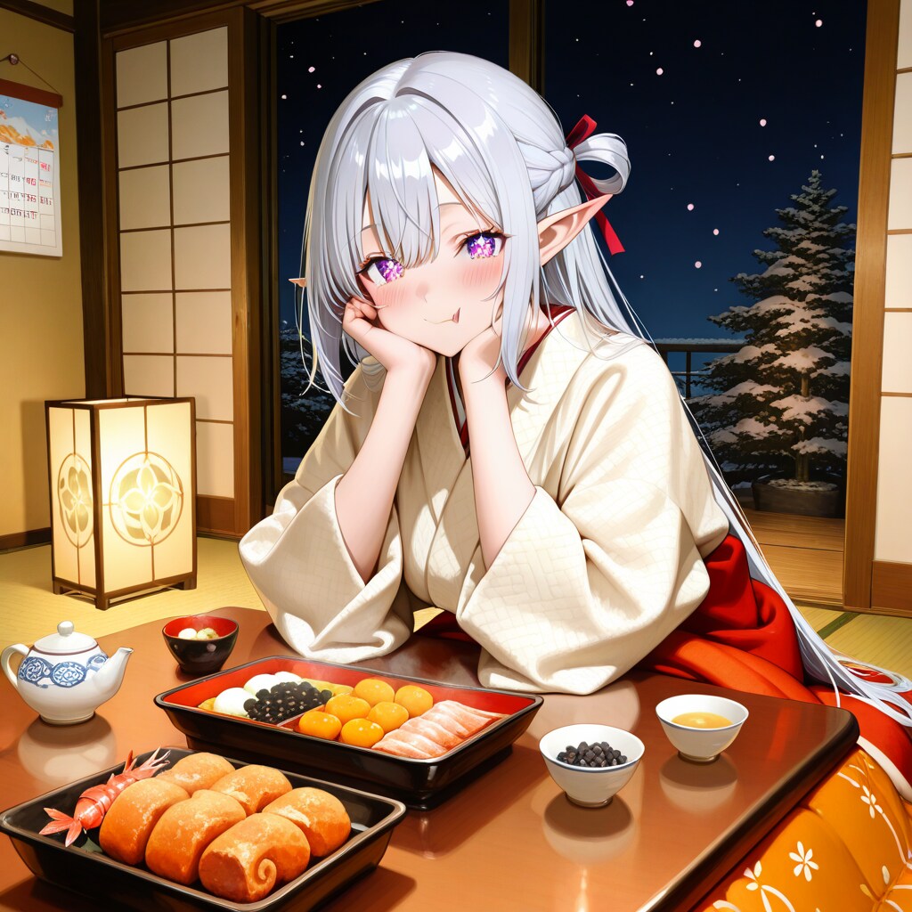 おせち料理を食べるエルフの女の子 | の人気AIイラスト・グラビア