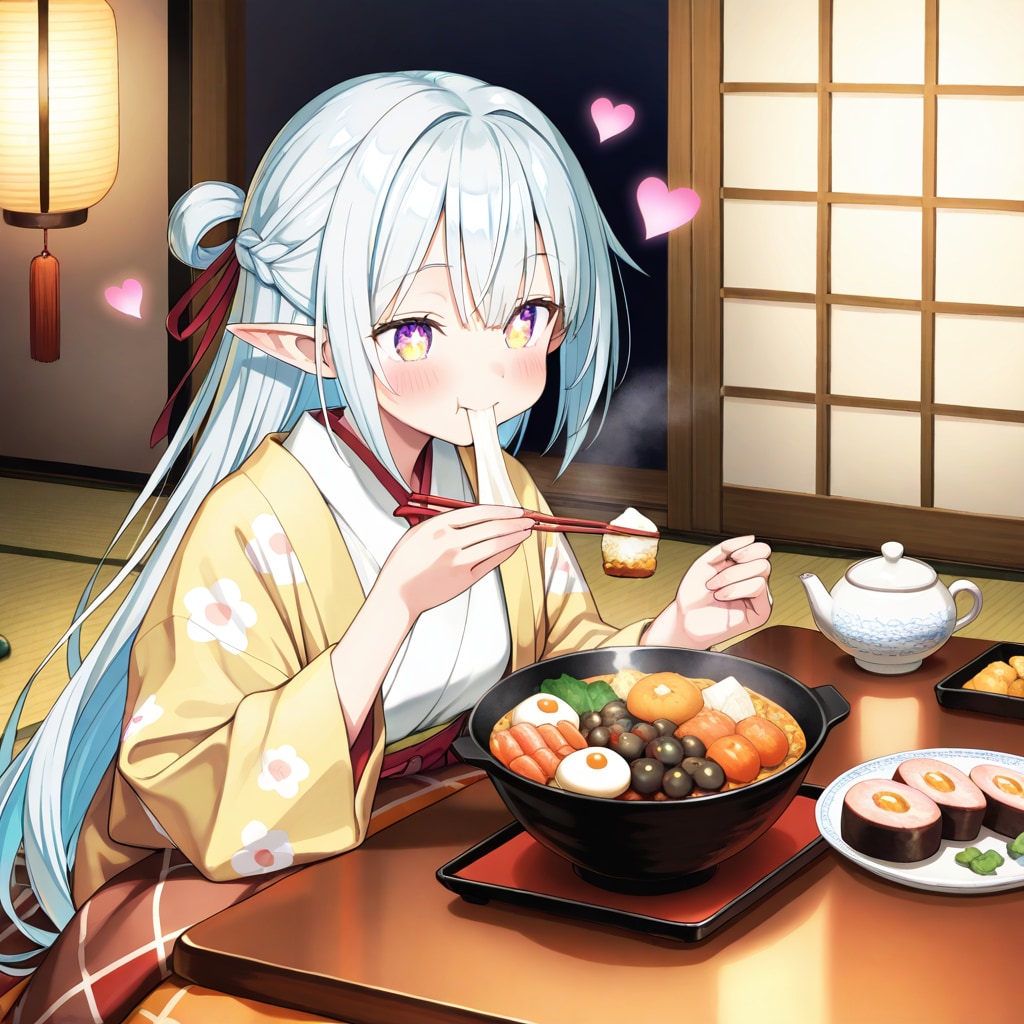 おせち料理を食べるエルフの女の子