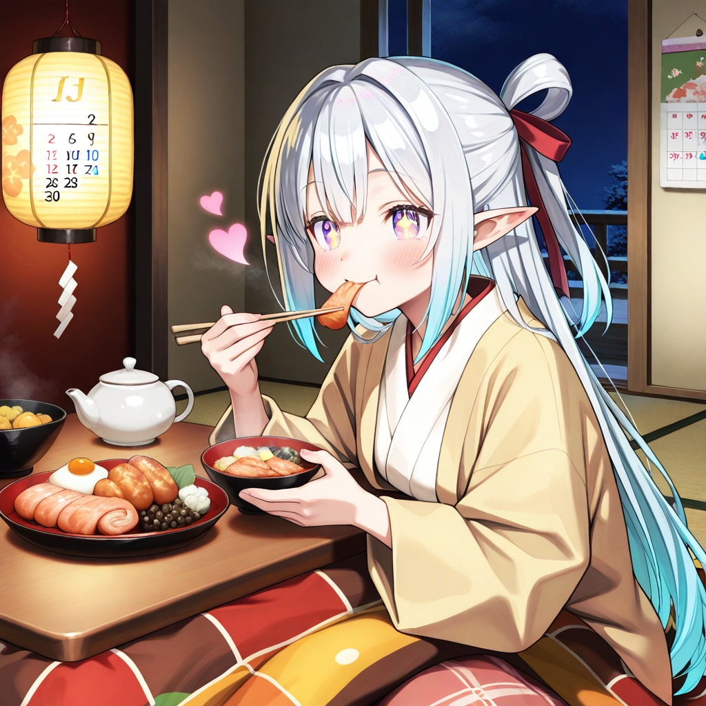おせち料理を食べるエルフの女の子