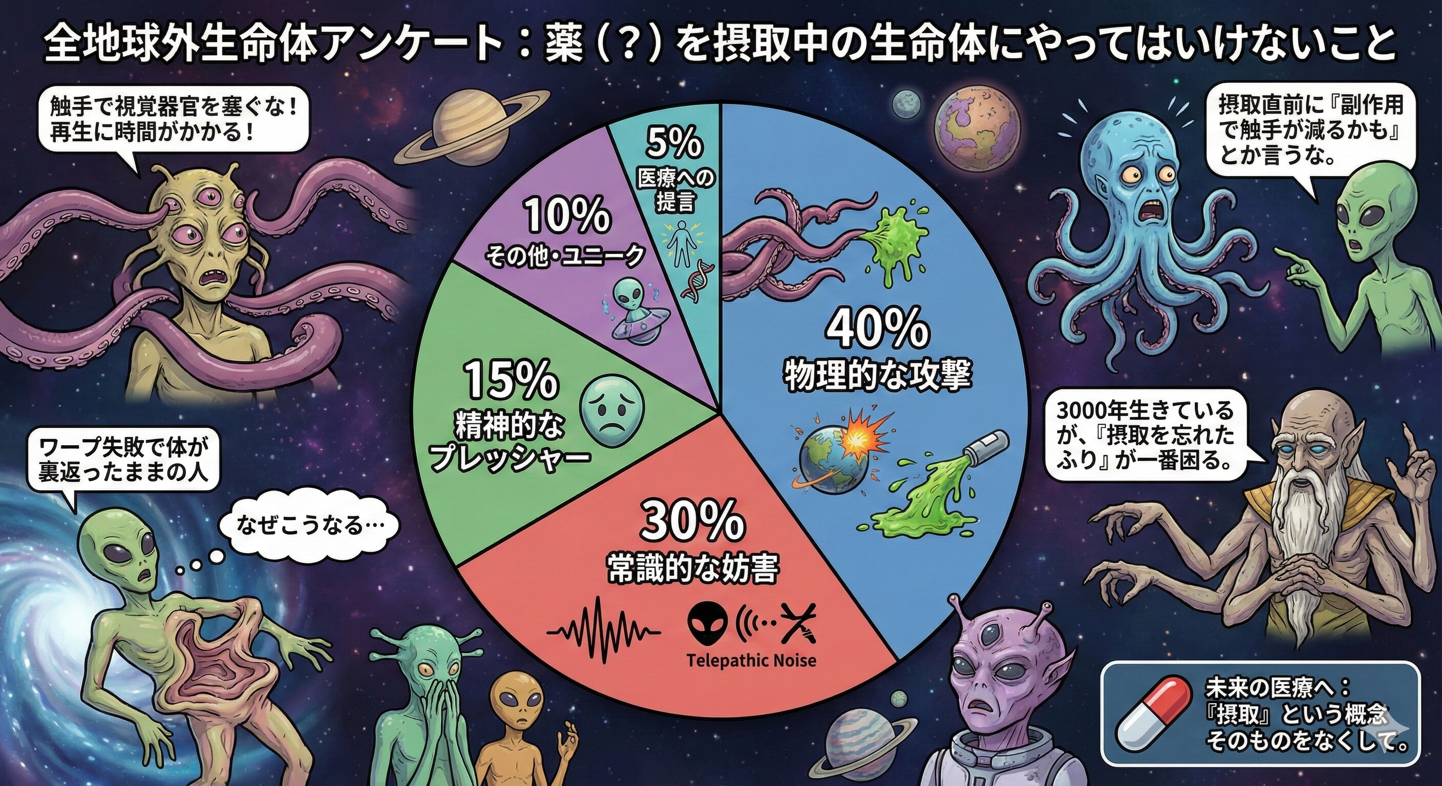地球外生命体版:薬を飲んでいる最中の人にやってはいけないことは何だと思いますか？ | の人気AIイラスト・グラビア