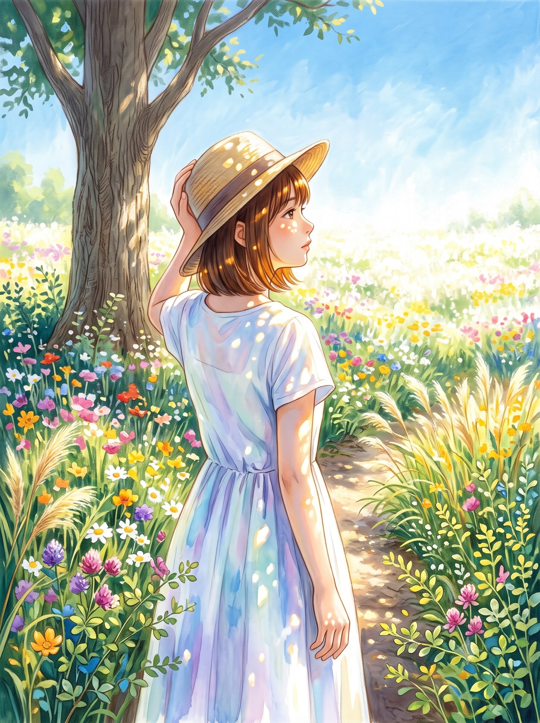 夏の日の幻影 ―花と光のタペストリー―　★実験イラスト（AI併用作品）★