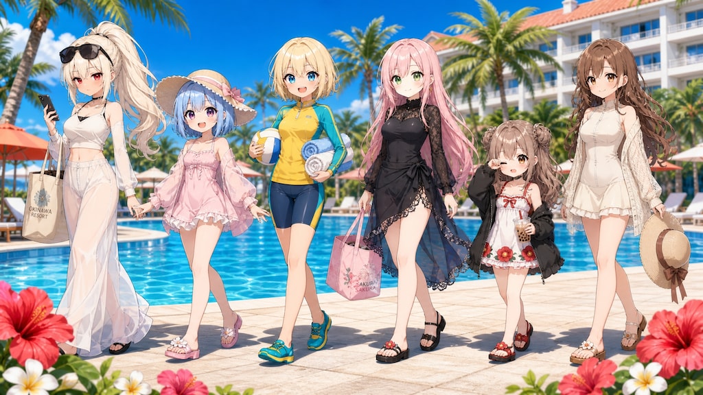 6人それぞれの水着で、ホテルプール満喫中🌴💕