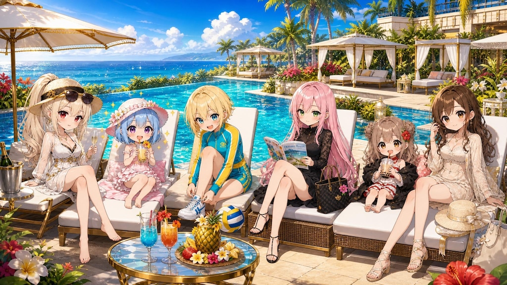 6人それぞれの水着で、ホテルプール満喫中🌴💕