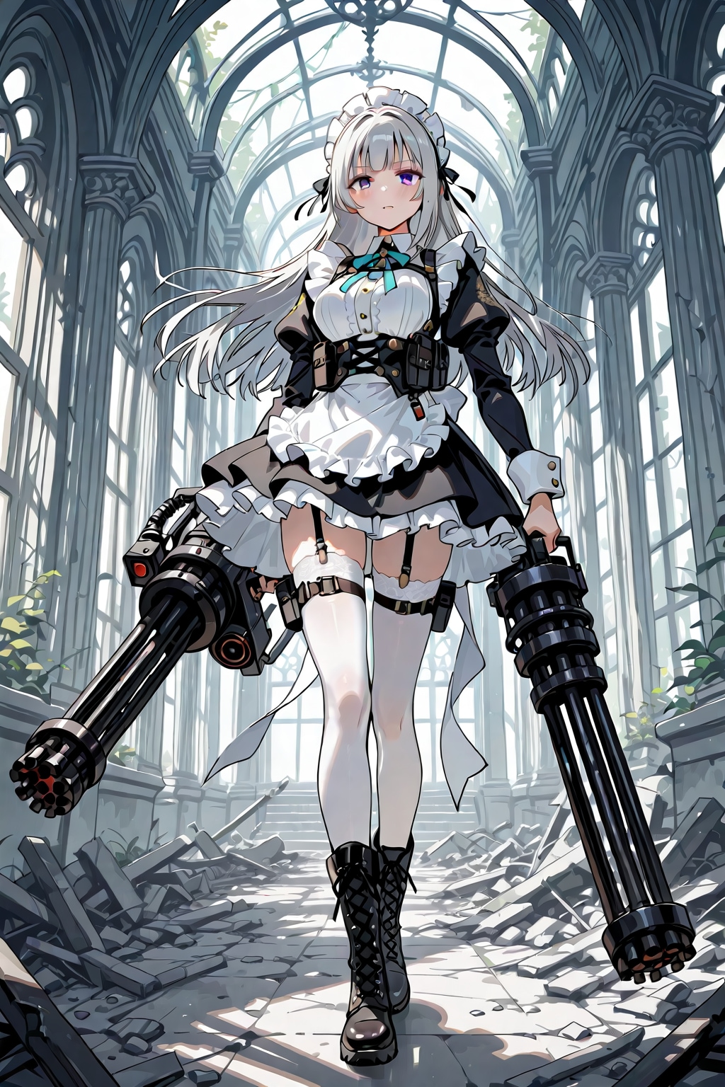 銀髪メイドさんとガトリングガン | の人気AIイラスト・グラビア
