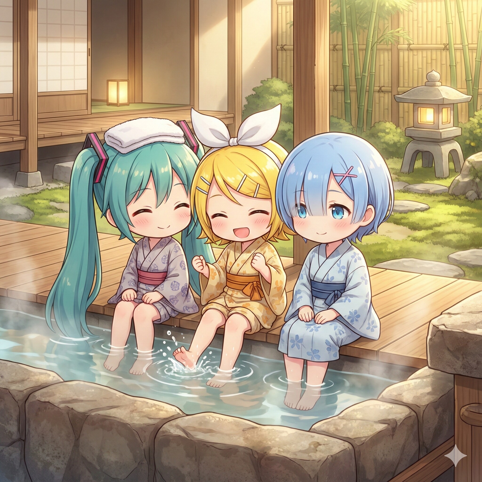 足湯で温まるミクちゃん達 | の人気AIイラスト・グラビア