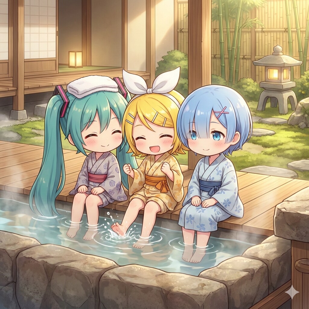 足湯で温まるミクちゃん達