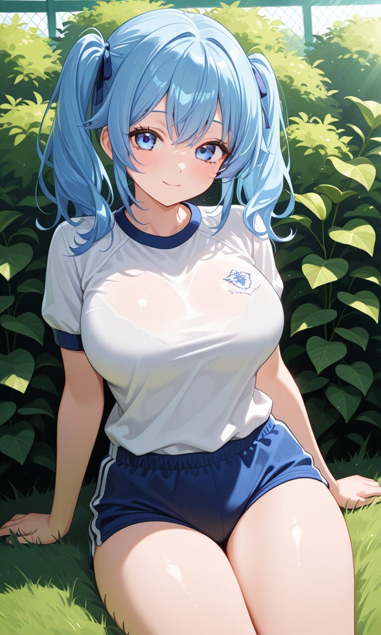体操服とブルマを着用した巨乳ツインテ美少女が茂みに座り | の人気AIイラスト・グラビア