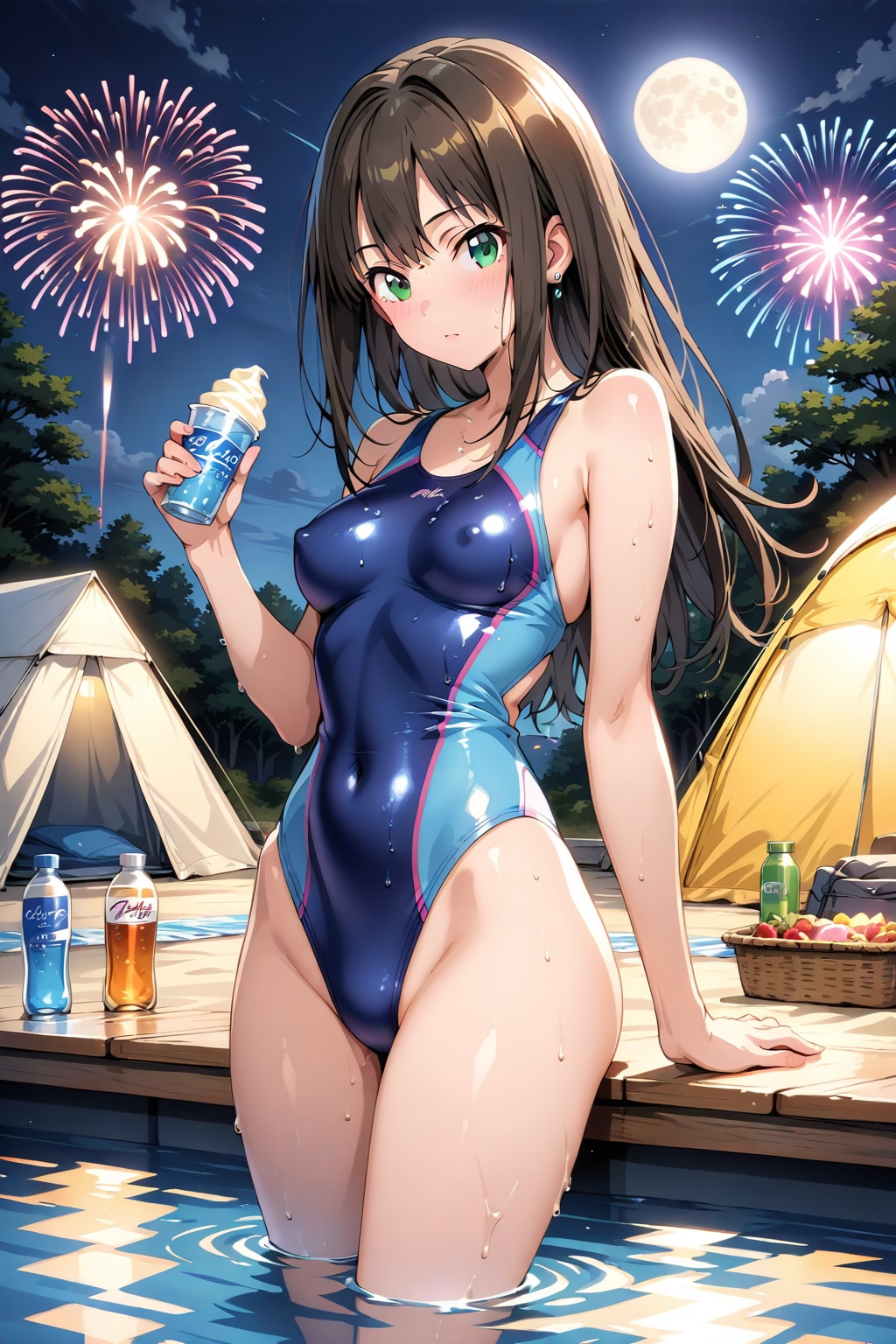 競泳水着のしぶりんと川辺で