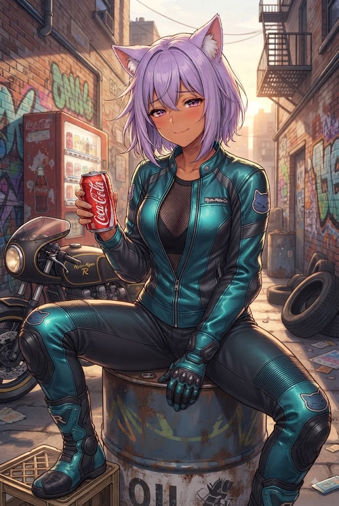 ドラム缶にワイルドに座りコーラを飲むライダースーツのシス | の人気AIイラスト・グラビア
