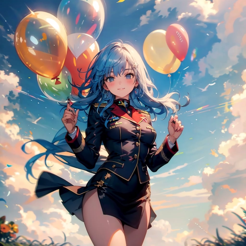 いっぱい風船を持つ青い髪ロングの海兵服の美女。