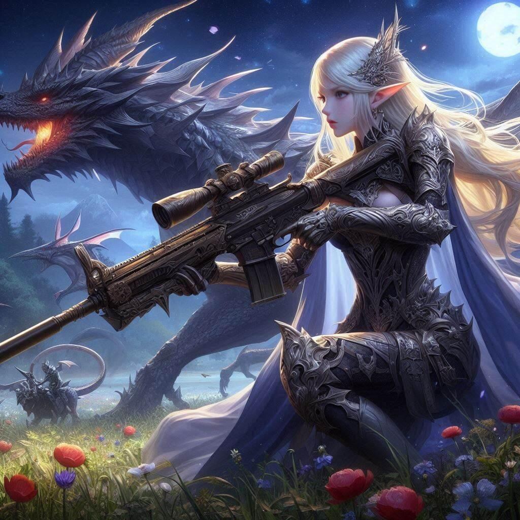 襲撃に備えるエルフの狙撃兵とドラゴン