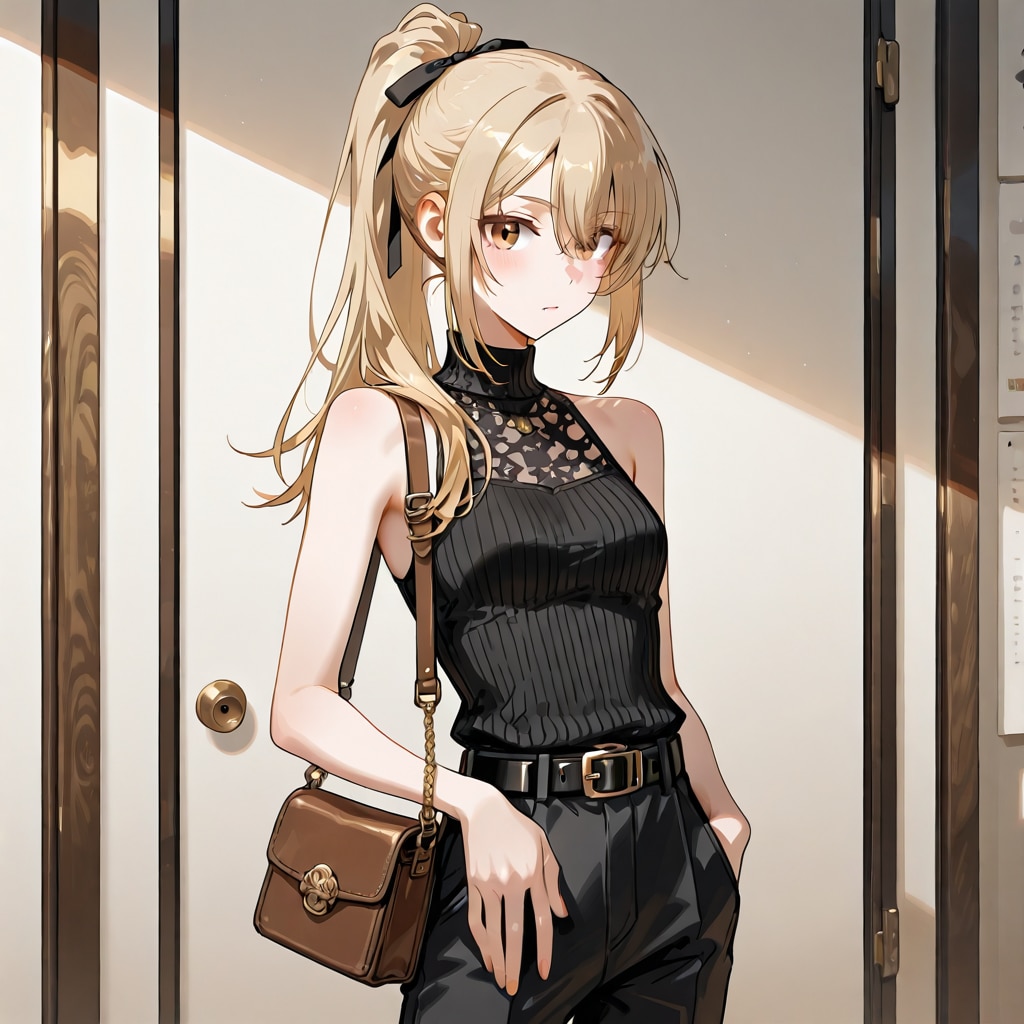 リブニットトップスとパンツ