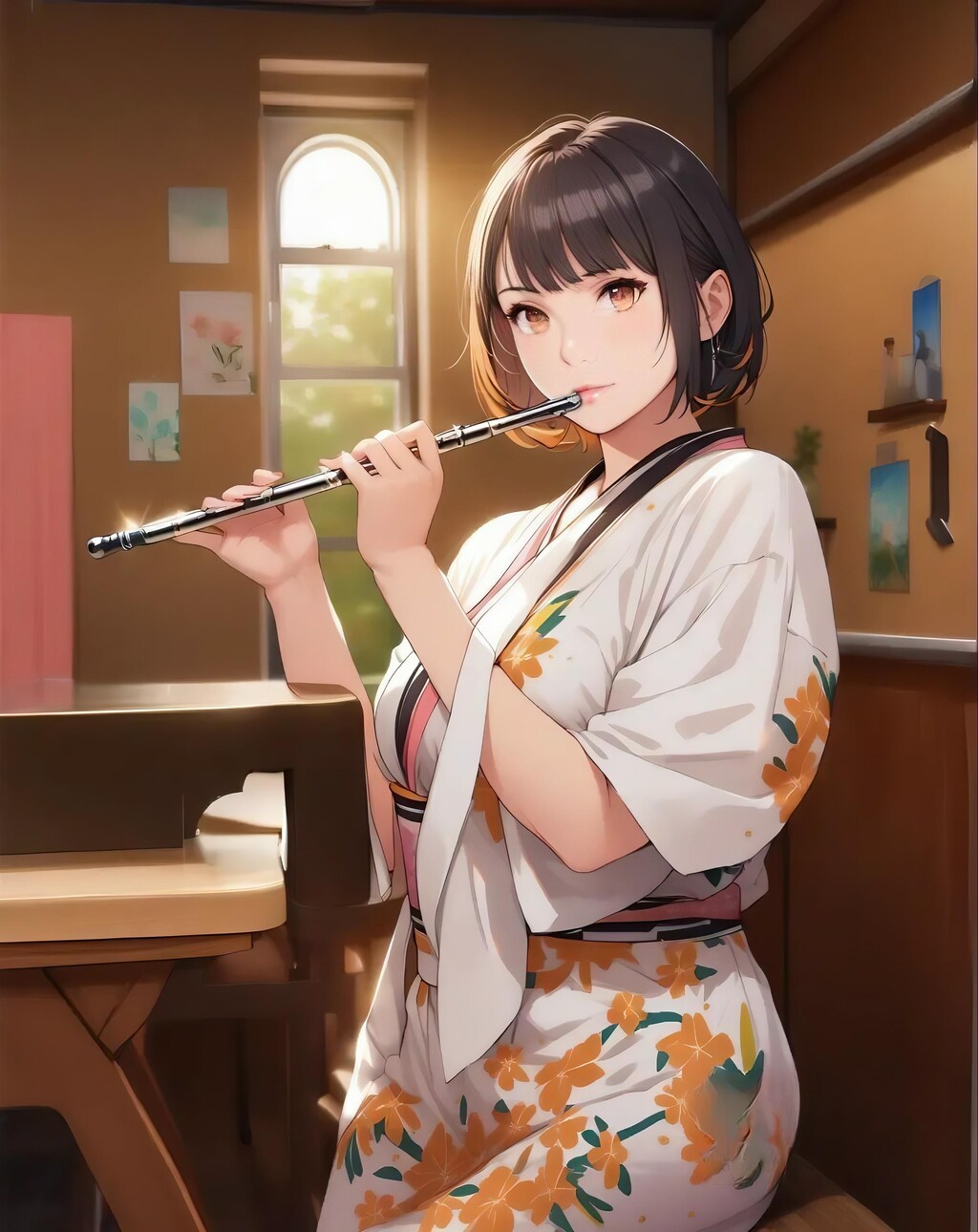 横笛を吹く女の子