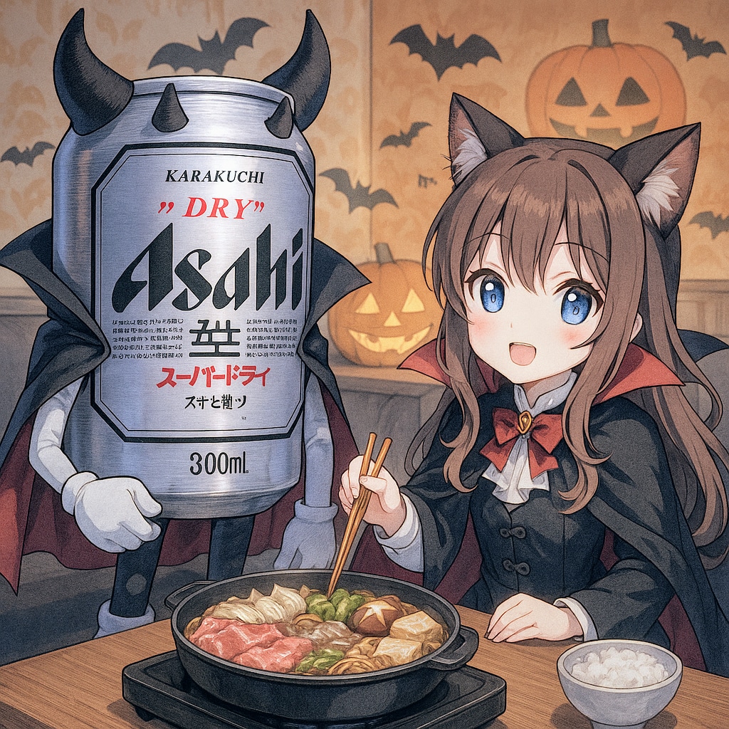 ハロウィンですき焼きを食べる小さな女の子