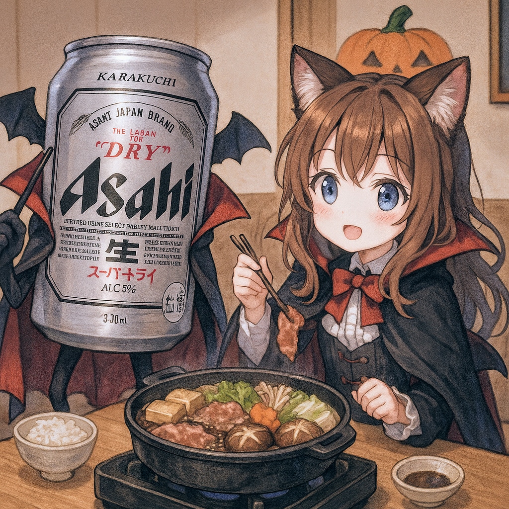ハロウィンですき焼きを食べる小さな女の子