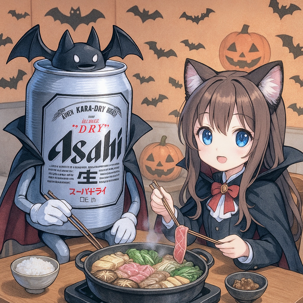 ハロウィンですき焼きを食べる小さな女の子