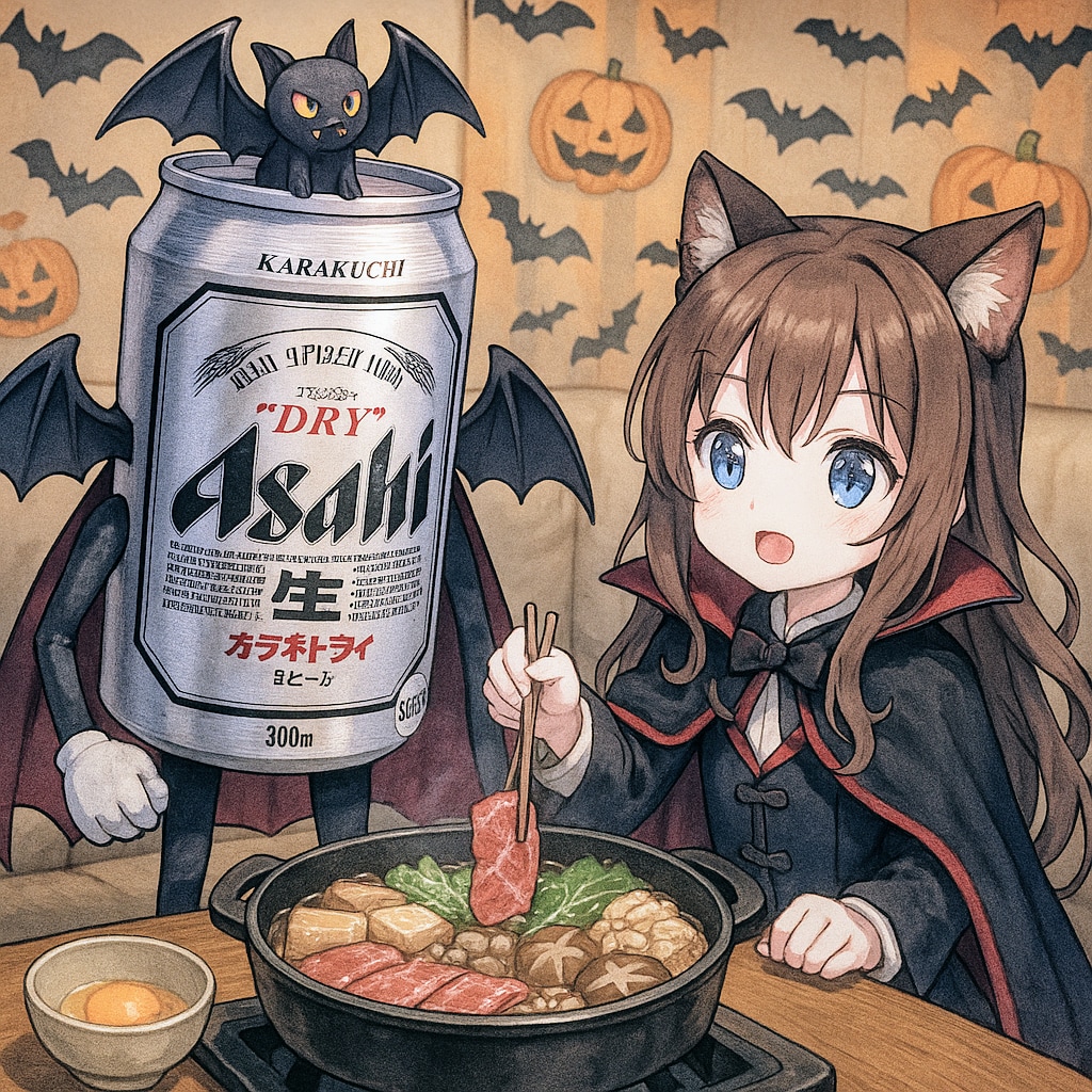 ハロウィンですき焼きを食べる小さな女の子