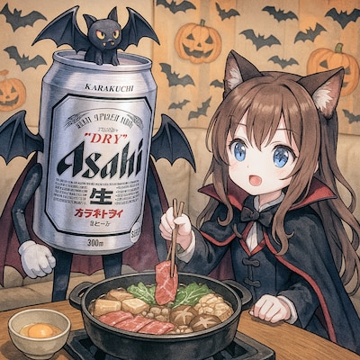 ハロウィンですき焼きを食べる小さな女の子