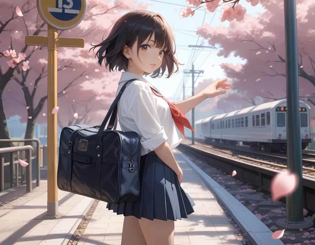 桜吹雪の中の登校