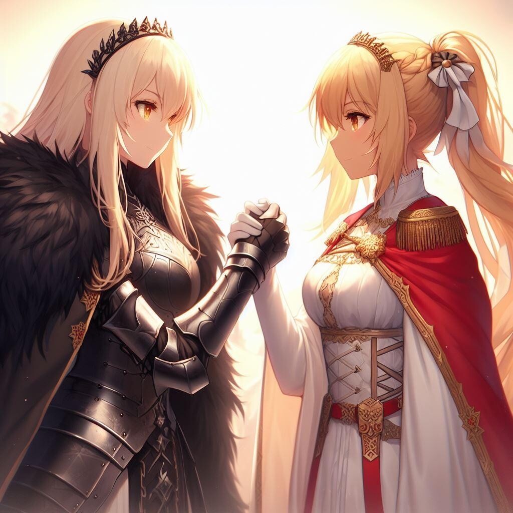 魔王を倒した勇者ミオと握手を交わす女騎士さん