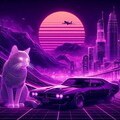 近未来SFサイバーパンク＆1980年代＆ワイヤーフレーム3DCG風、紫の猫 2枚目