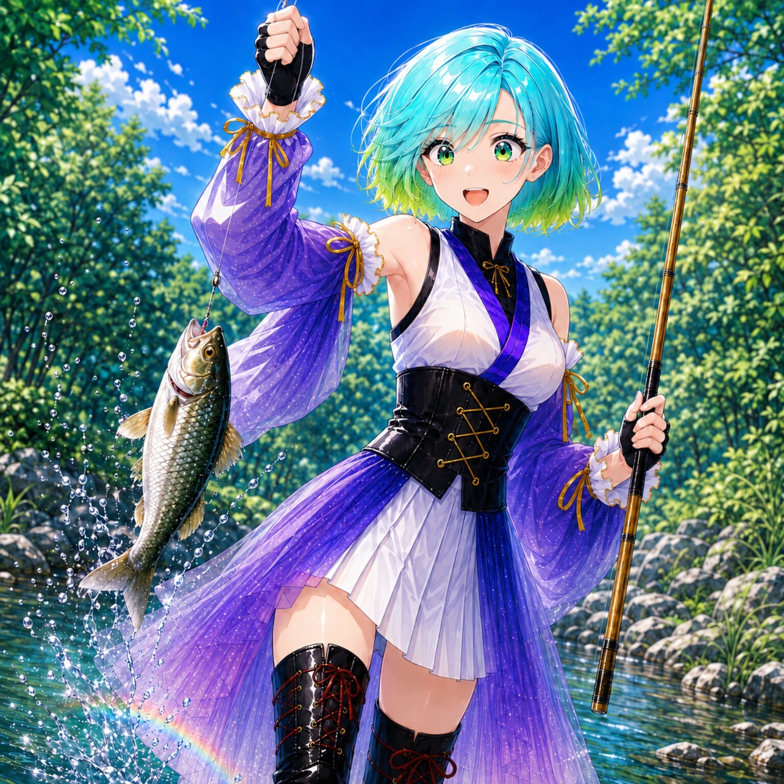 川辺で魚釣り