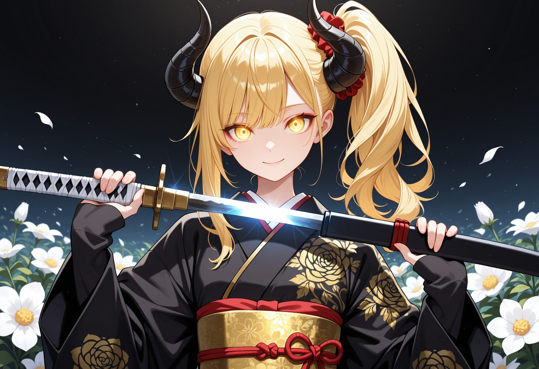 白い花と黒い着物と抜刀女鬼高生さん | の人気AIイラスト・グラビア