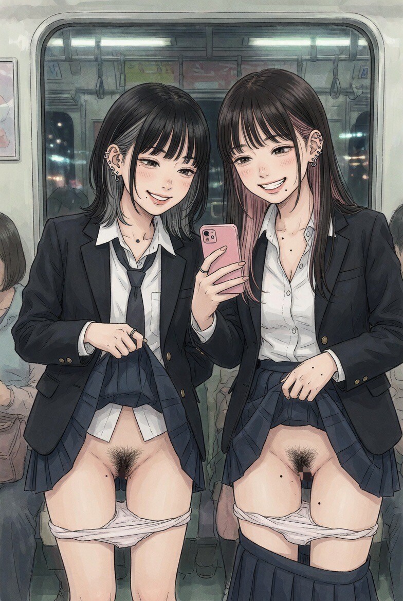 電車内でこっそり露出自撮りしちゃう女の子