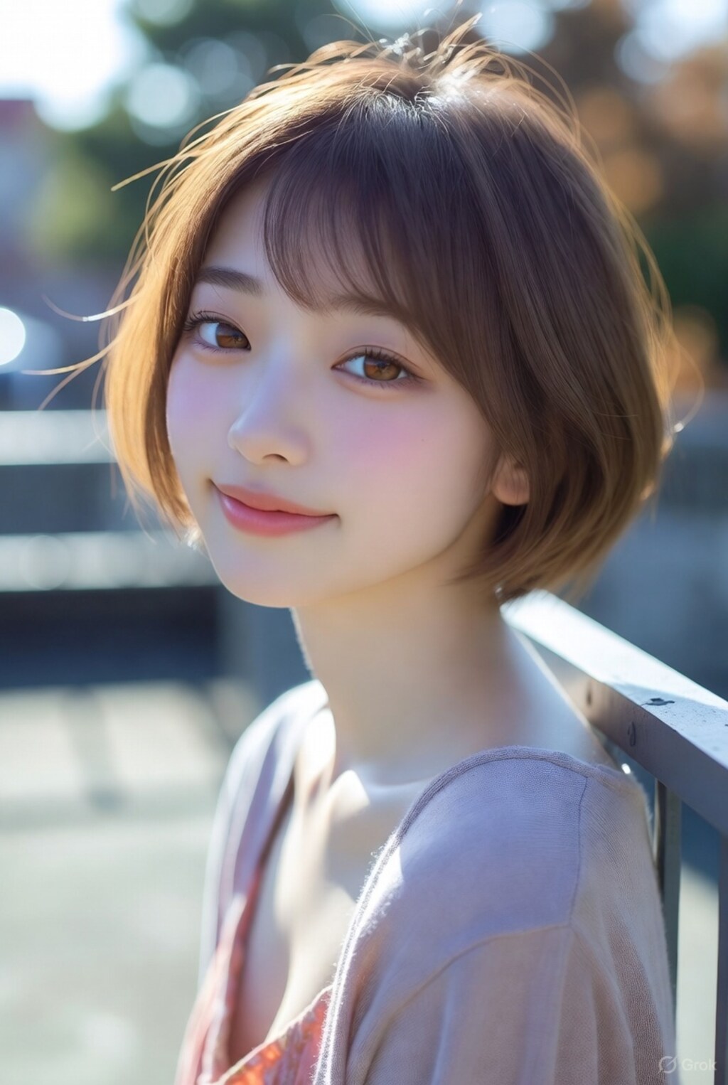 茶髪ボブでニットカーディガンの美女