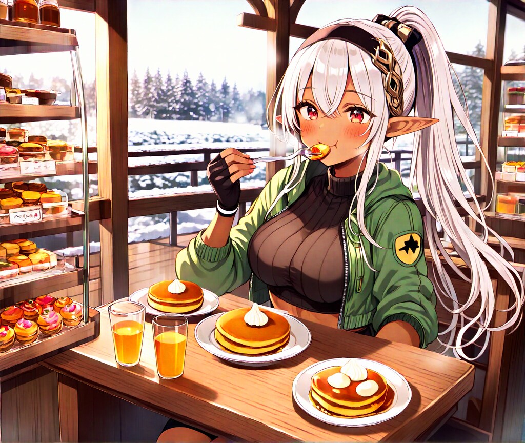 パンケーキを食べる褐色エルフさん