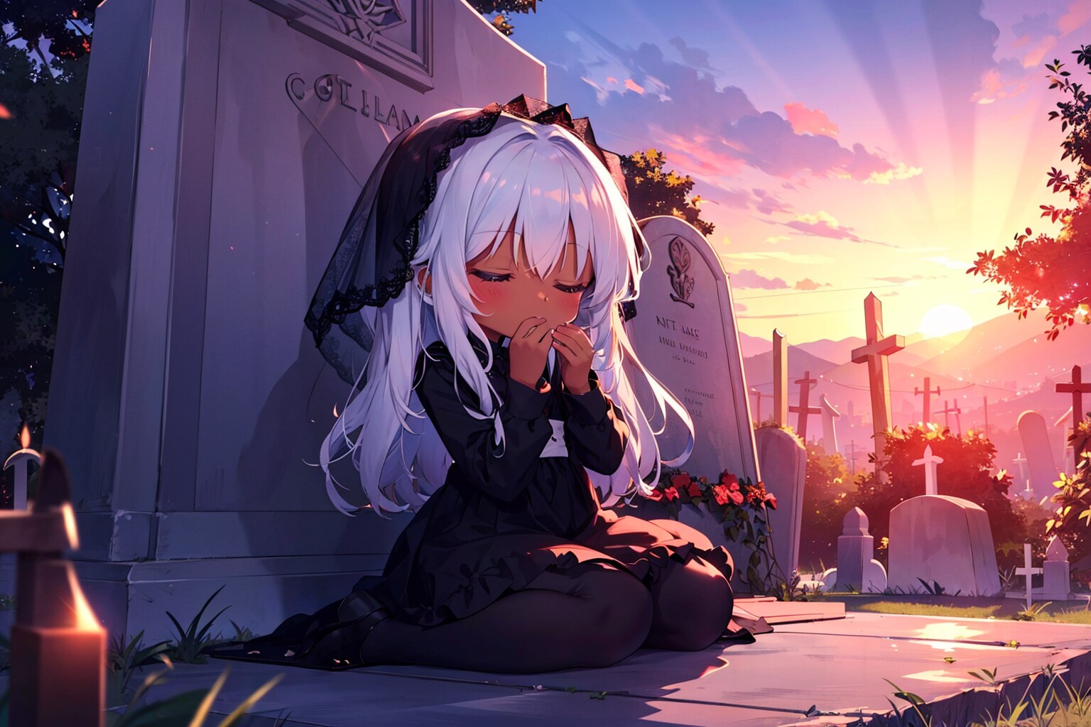 お墓の前で祈る少女