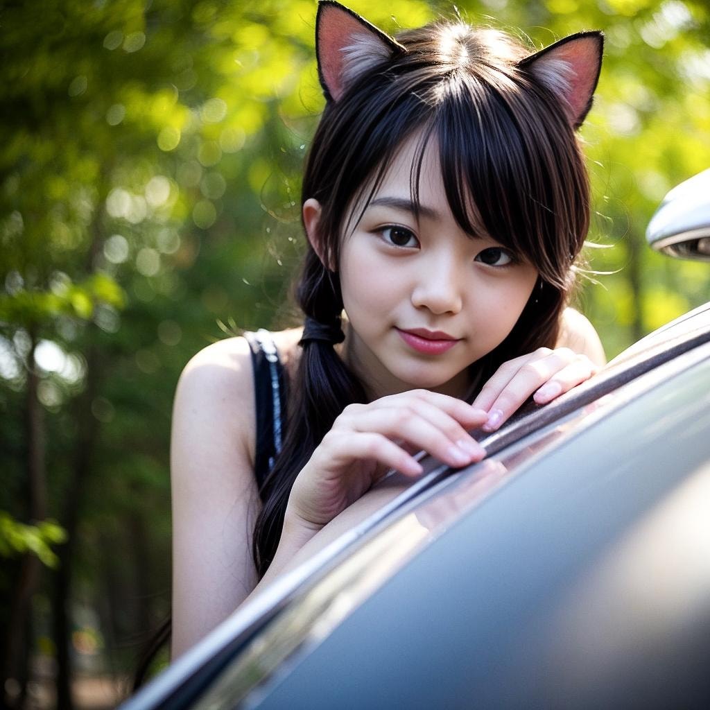 車の陰からこちらを覗く恥ずかしがり屋の貓耳娘たん