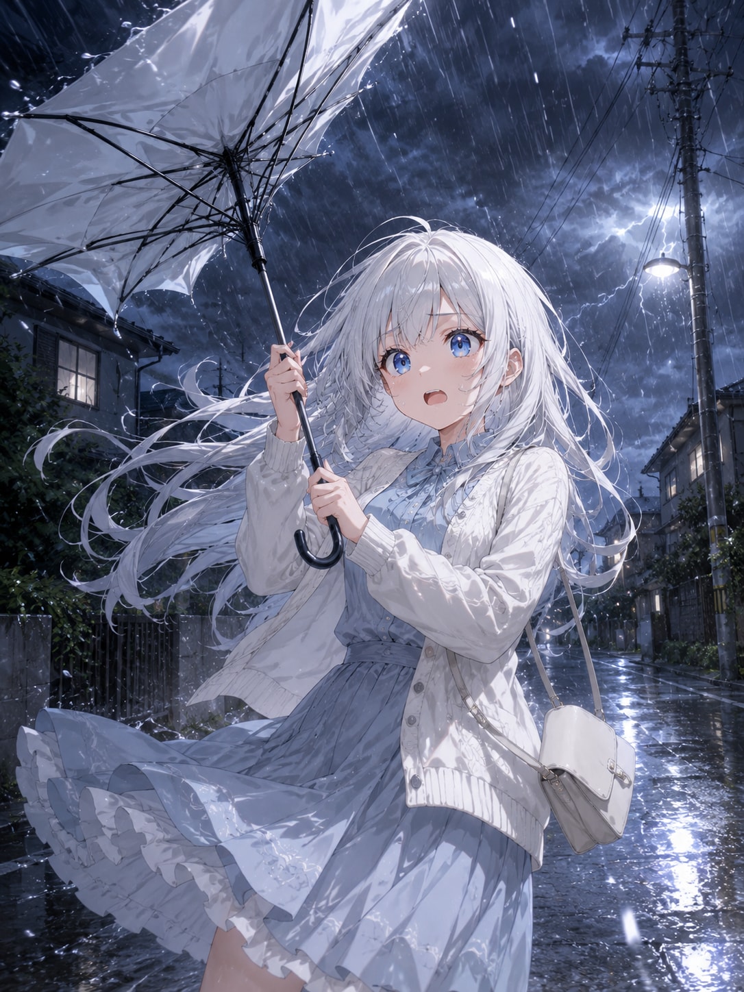 暴風雨になり、傘が