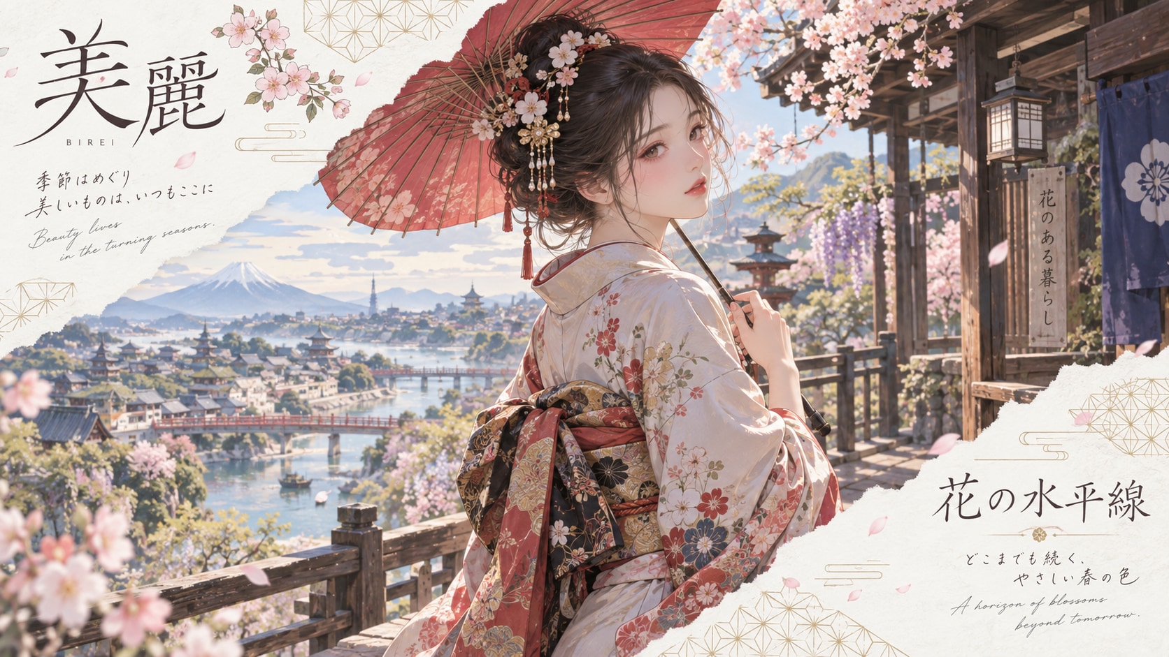 A red parasol on a wisteria-draped veranda, Fuji rising quiet over a whole river town in bloom.  The | の人気AIイラスト・グラビア