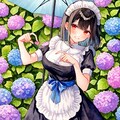 紫陽花と黒髪メイド 2枚目