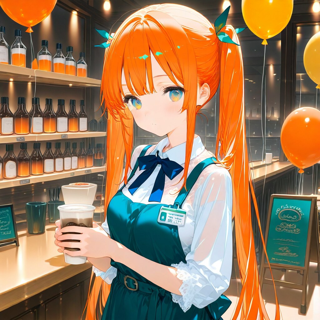 喫茶店でオレンジ色の風船を膨らませて遊ぶオレンジ髪の店員さん。 | の人気AIイラスト・グラビア
