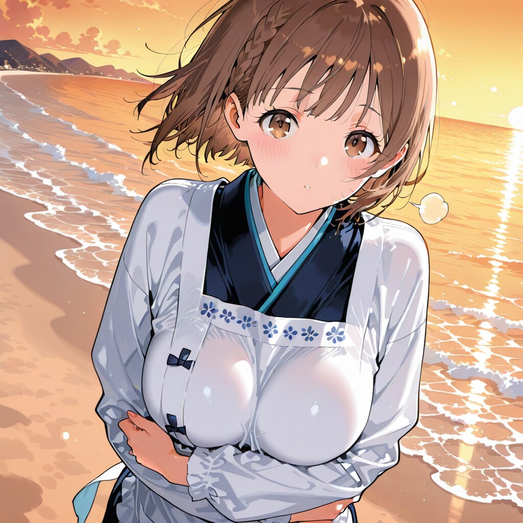 割烹着の女性　風が強いね