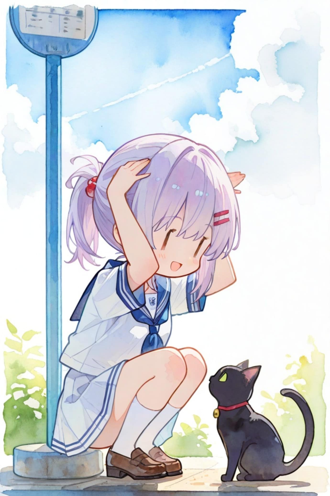 猫とバス停と紫髪ちゃん | の人気AIイラスト・グラビア