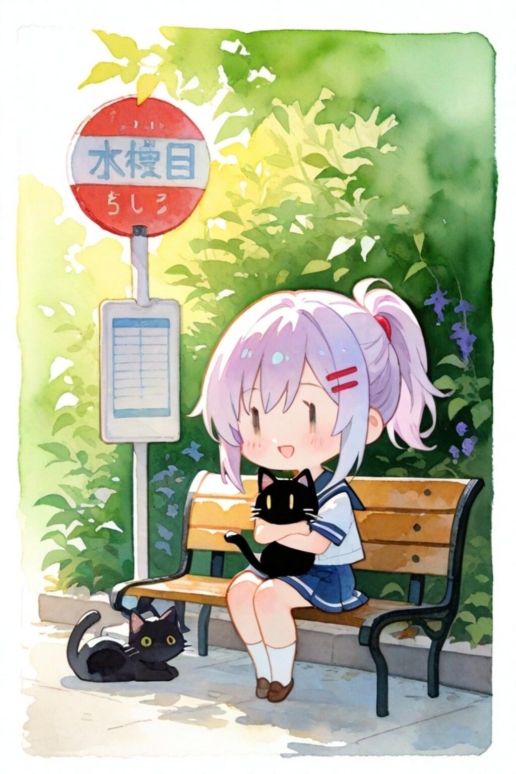 猫とバス停と紫髪ちゃん