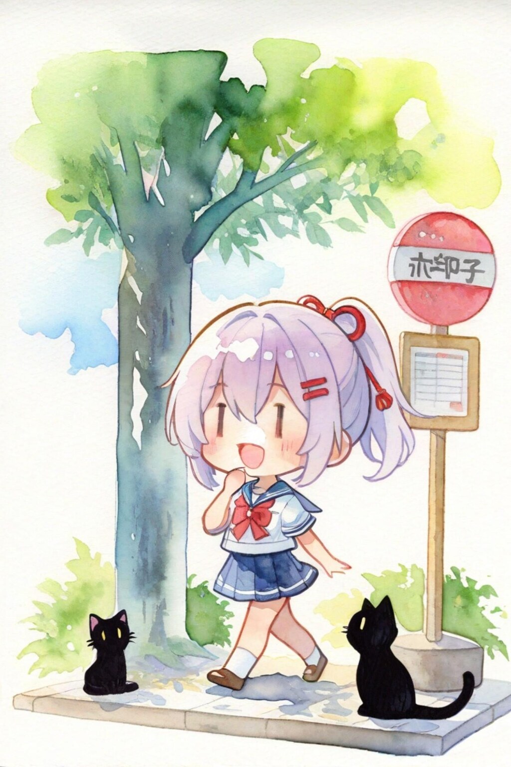 猫とバス停と紫髪ちゃん