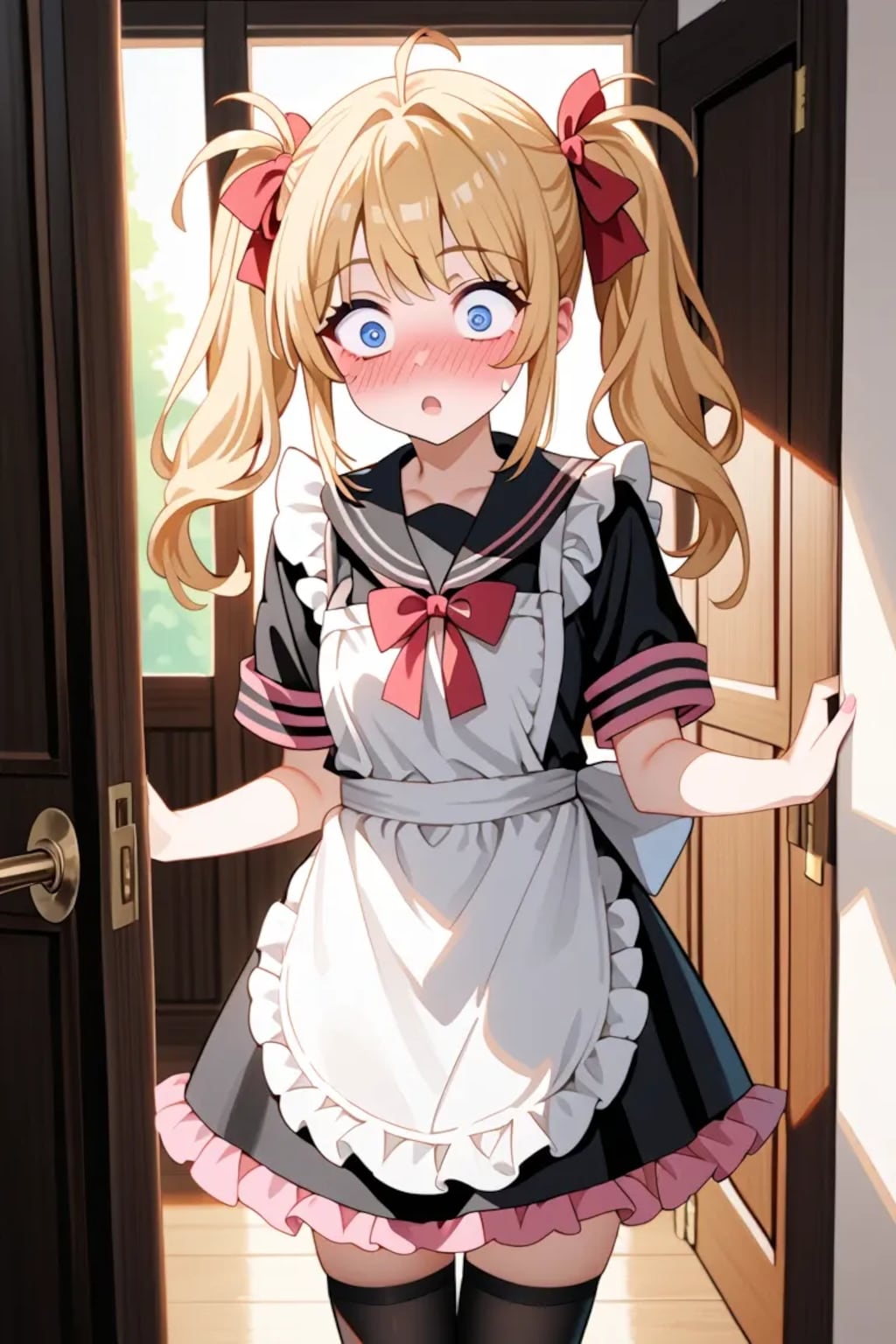 「きゃっ…！？」ドアを開けた瞬間びっくり顔の金髪ツインテメイド莉奈ちゃん♡