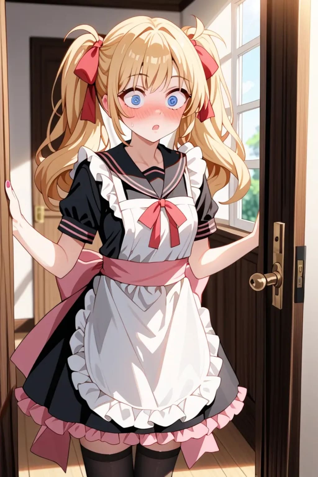 「きゃっ…！？」ドアを開けた瞬間びっくり顔の金髪ツインテメイド莉奈ちゃん♡