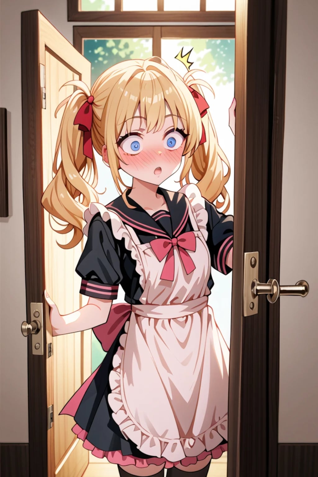 「きゃっ…！？」ドアを開けた瞬間びっくり顔の金髪ツインテメイド莉奈ちゃん♡