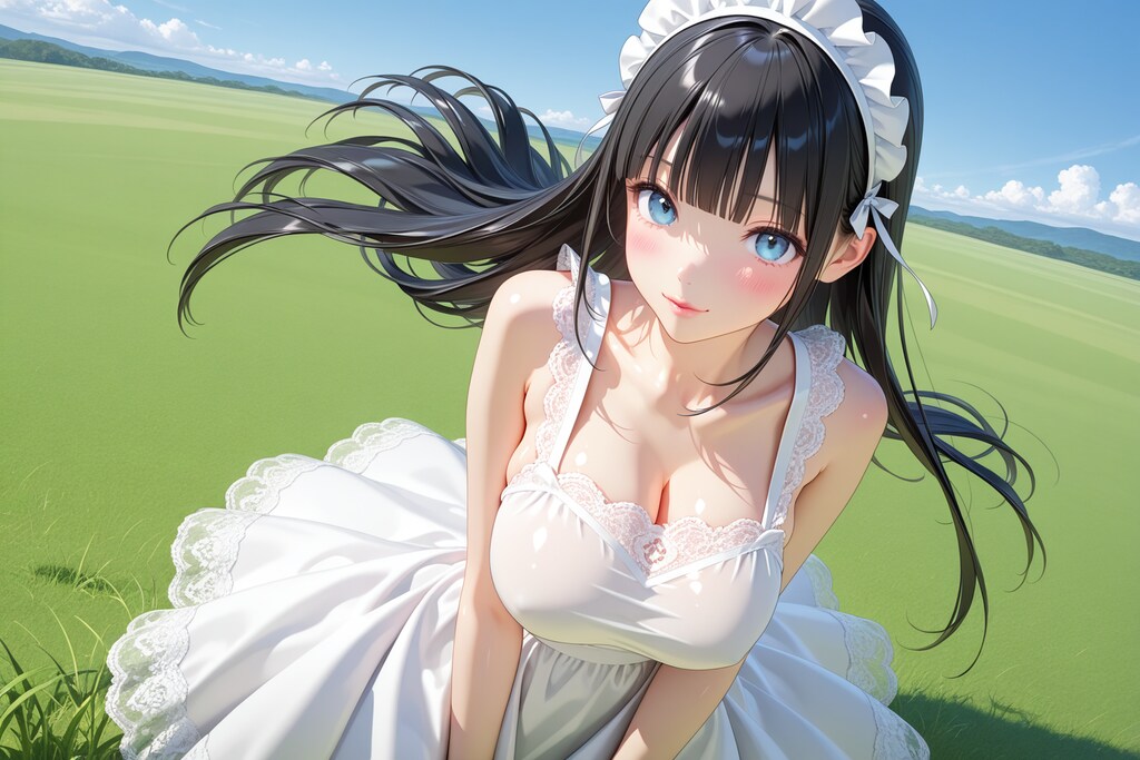 白メイドで草原をお散歩