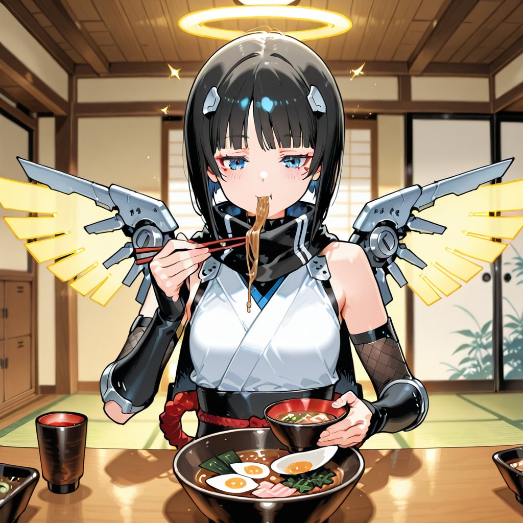 年越し蕎麦を食べる現代忍者メカ天使251230 | の人気AIイラスト・グラビア