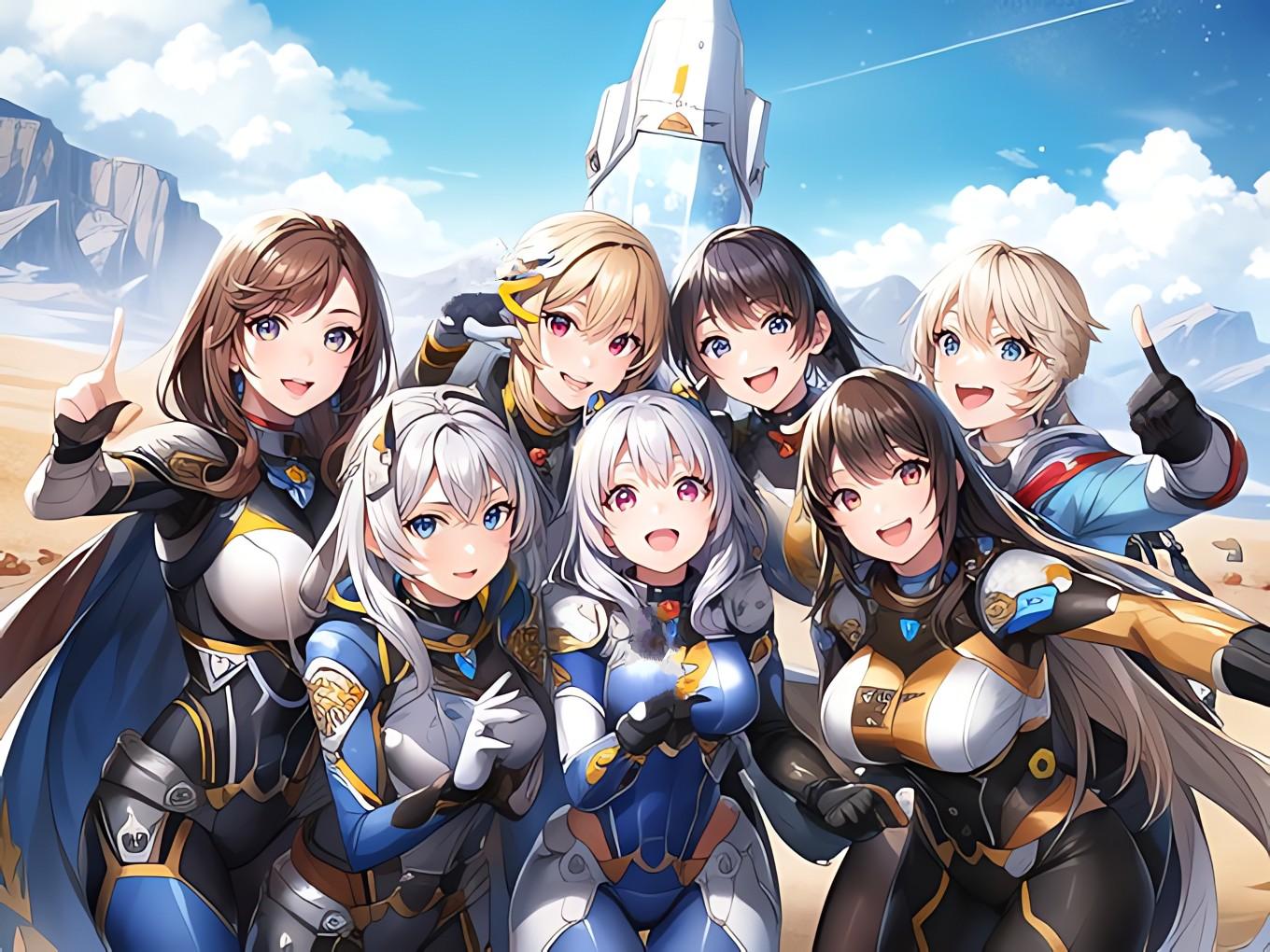 宇宙船の前でグループフォト